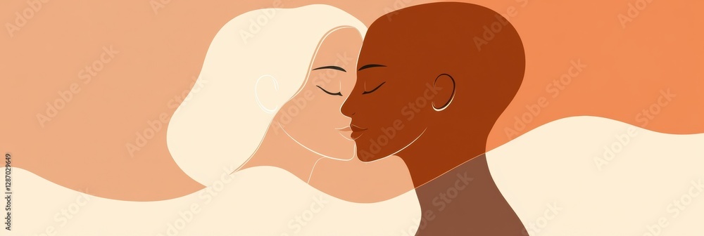 Poster Two people embracing in a minimalist style illustration with warm hues showcasing connection and love. Generative AI