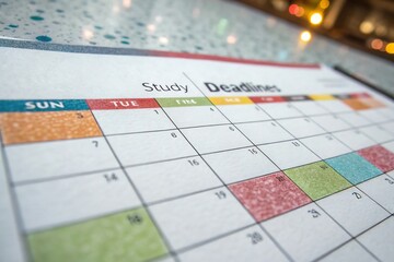 Fototapeta premium Colorful calendar with highlighted study and deadlines on table background.