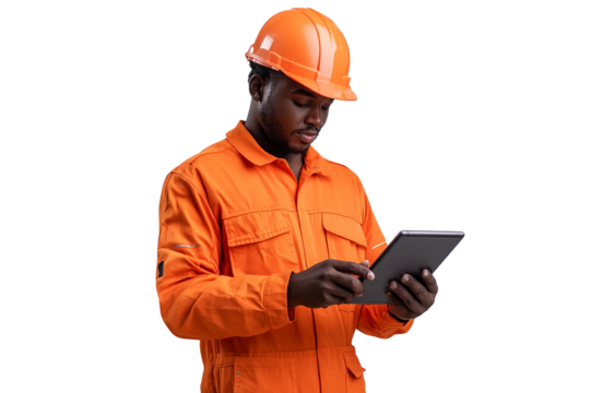 Civil Engineer with Hard Hat and Tablet, White Background