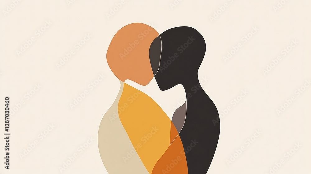 Poster emotional connection represented through minimalist illustration of two people embracing in warm ton