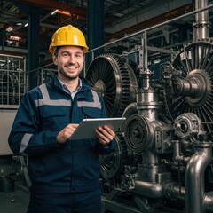 A safety engineer with a tablet studies factory equipment against a backdrop of huge turbines and machines
