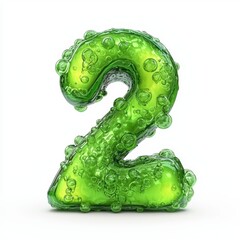 Number 2 made of glowing radioactive green liquid with bubbling toxic effects isolated on a clean white background