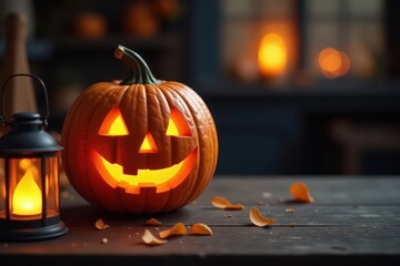 Fototapeta premium Carved wooden pumpkin with glowing lantern on rustic table, wood, pumpkin,