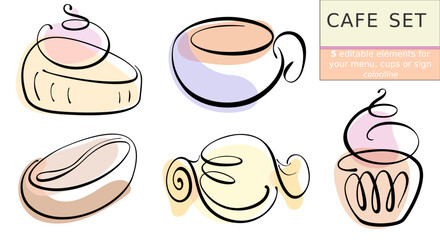Cafe set - coffee and sweets. Black line/color