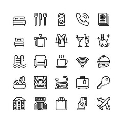 A set of hotel icons representing upscale vacation destinations and their amenities. related to hotels These icons convey important concepts in the hotel's service and standards.