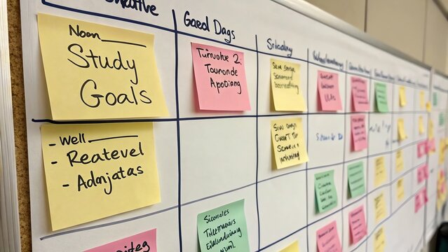 Colorful sticky notes on a board, organized for study planning and achieving goals.