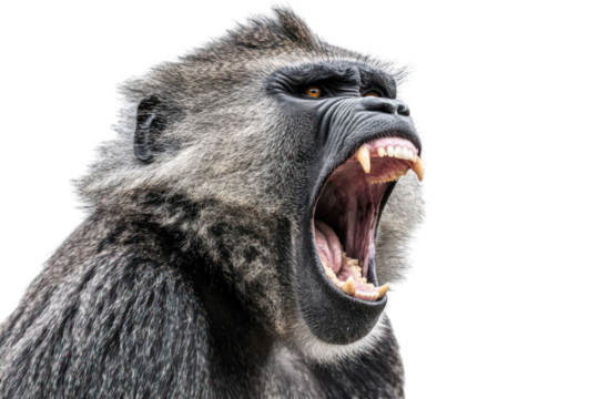 Close up of ape with open mouth shows teeth on a transparent background. The animal is in an aggressive posture