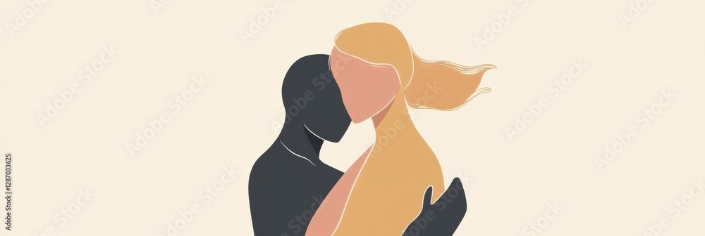 Poster two people embrace in a minimalist illustration representing love and connection at any time. genera