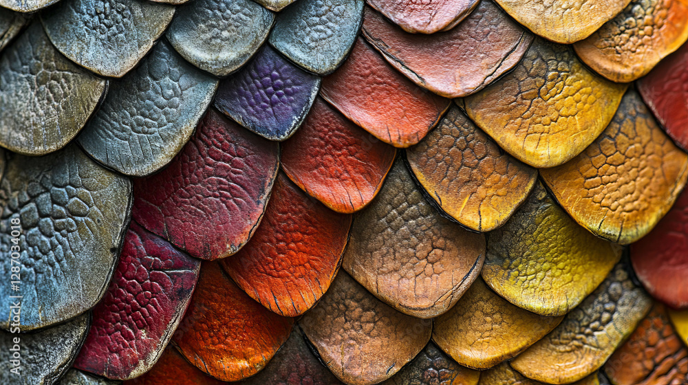 Poster vibrant reptile skin texture - macro view of multicolored scales for design and inspiration