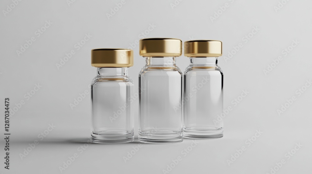 Aufkleber clear glass bottles with golden lids arranged on a neutral background showcasing simplicity and eleg