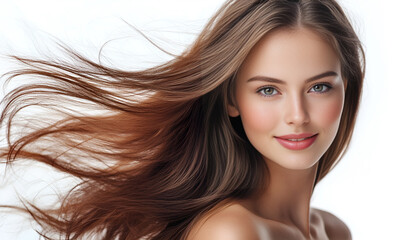 Fototapeta premium Beautiful Hair swinging head from side to side, Young beautiful woman with long perfect healthy lovely shiny hair, happy with beauty products, hair shampoo or conditioner