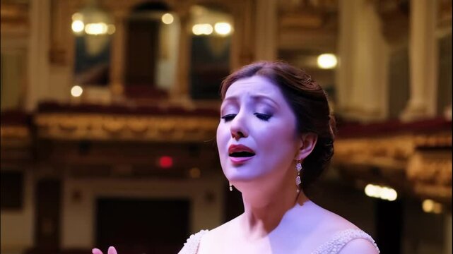 Emotional opera soloist performing in a grand concert hall