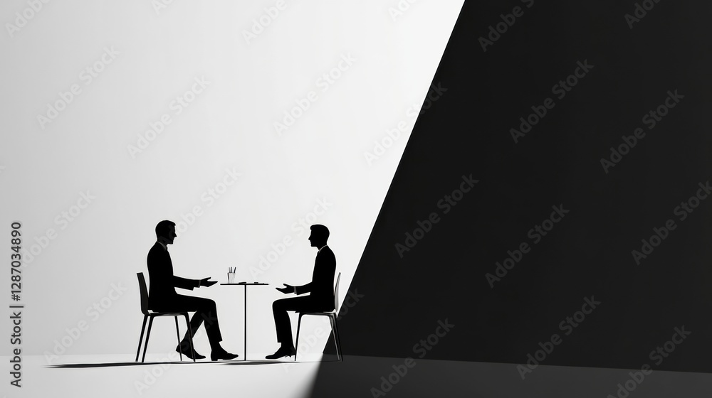 Aufkleber two silhouettes engaged in a conversation at a table in a high contrast modern setting during daytim