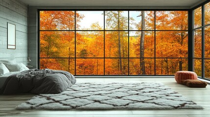 Modern bedroom with fall foliage view