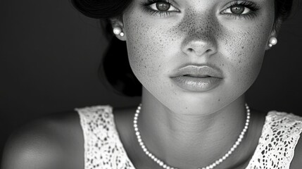 Close-up black and white portrait of woman with freckles and pearl necklace, dark background