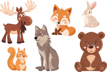 Set of forest animals. Stickers and clipart. Forest inhabitants.