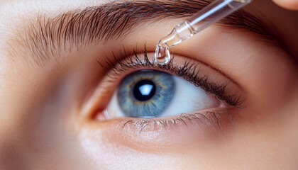 Naklejka premium Woman applying eye drops on light background, closeup
