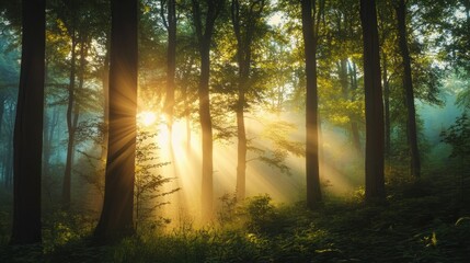 Obraz premium Sunlight streams through misty enchanted forest, early morning magic