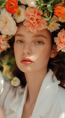 Naklejka premium A young White woman adorned with a crown of colorful flowers stands surrounded by lush greenery, embodying the spirit of Mother's Day