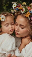 Fototapeta premium A White mother and child share a tender embrace, both wearing flower crowns, capturing the warmth of Mother's Day in nature