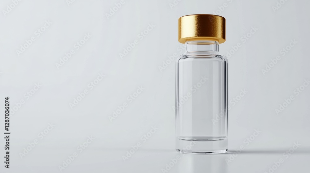 Poster clear glass bottle with gold cap positioned on a flat surface in a minimalist setting. generative ai