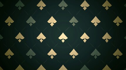 Casino spades pattern background in green and gold colors. Luxury gambling wallpaper design with playing card symbols. Abstract geometric seamless texture for poker game
