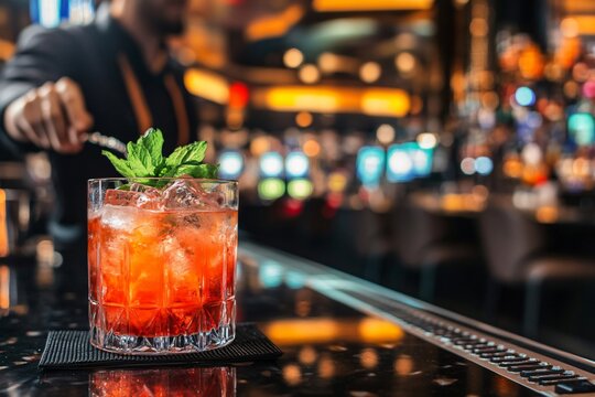 Red cocktail with mint and ice cubes on bar counter at night. Alcoholic drink served by bartender in restaurant with blurred background. Modern mixology and nightlife