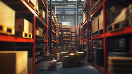 Warehouse with Blurred Background, Featuring Industrial Shelving Filled with Large Boxes of Construction Supplies and Furniture Materials, Aisles Designed for Easy Inventory Movement