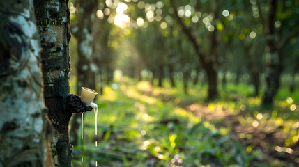 Close-Up View of Latex Extraction in Rubber Tree Plantation Highlighting Sustainable Practices