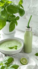 Healthy Green Goodness: Freshly made green smoothie and soup artfully presented, complemented by vibrant basil leaves and a slice of lime.