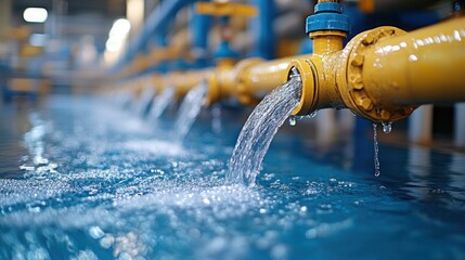 Industrial water pipeline system pouring water into a basin