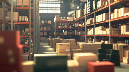 Obraz premium Warehouse with Blurred Background, Featuring Industrial Shelving Filled with Large Boxes of Construction Supplies and Furniture Materials, Aisles Designed for Easy Inventory Movement