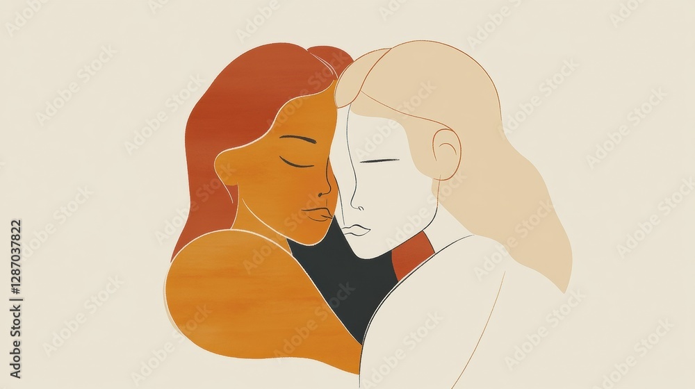 Poster two individuals share a warm embrace in a minimalist style illustration on a soft neutral background