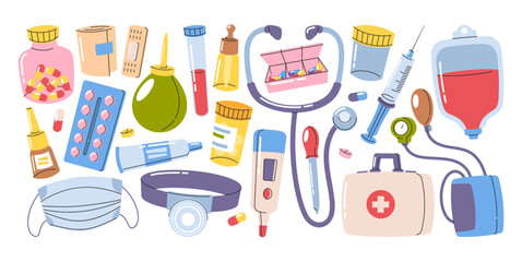 Medical equipment, first aid kit, doctor instruments, pharmaceuticals cartoon flat doodle elements