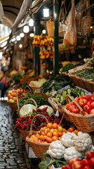 Obraz premium Vibrant Harvest: A bustling fruit and vegetable market display, brimming with colorful produce and the aroma of fresh bounty, capturing the essence of a thriving marketplace.