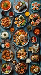 Culinary Mosaic: An overhead shot of diverse dishes laid out on a blue rustic table. The food represents many colors and textures of several world cuisines.