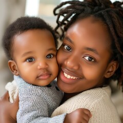 A Black mother holds her baby lovingly, both smiling warmly, celebrating a special moment during Mother's Day in a soft-lit room