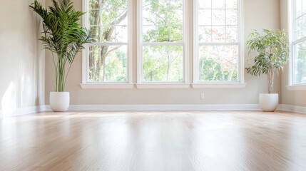 Sunlight floods bright empty room with hardwood floor, large windows, plants.  Home staging