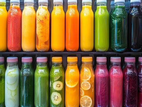 A Symphony of Flavors: An array of vibrant bottles filled with fresh, colorful juices creates an eye-catching display of health and vitality. A celebration of taste and nutrition