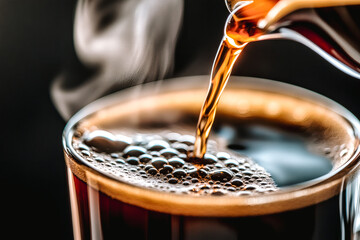 Gros plan sur une cafetière versant du café chaud dans une tasse