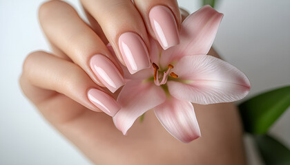 Beautiful woman's nails , hand holding lilly flower, macro shoot