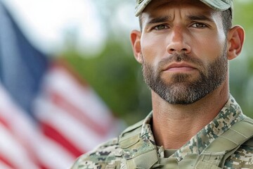 Fototapeta premium American soldier standing proudly with hand on chest and us flag waving in background