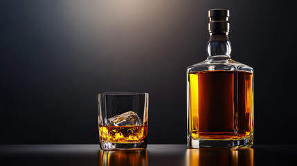 A bottle of whiskey and a glass with ice cubes on a dark background, symbolizing elegance and refinement, perfect for showcasing premium alcohol or relaxation moments.