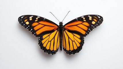 Fototapeta premium Monarch butterfly wings spread, white background, nature