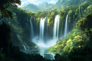 Fototapeta premium Serene Lush Waterfall in Vibrant Green Tropical Rainforest Tranquil Nature Scene Majestic Waterfall Cascading Water Paradise Peaceful Landscape 