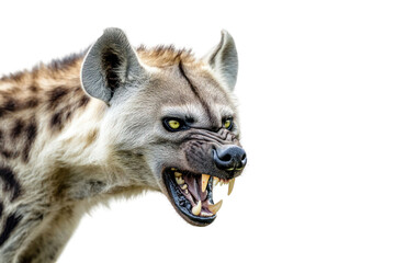 Close-up portrait of an animal displaying aggressive behavior with sharp teeth and intense yellow eyes. The background is transparent