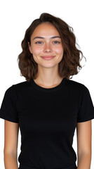 Fototapeta premium A smiling young woman in a black t-shirt, isolated on a transparent background. Great for casual and lifestyle themes.