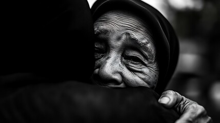 Elderly Parents Embrace Monochrome Portrait of Affectionate Family Moment