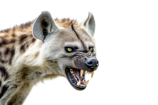Close-up portrait of an animal displaying aggressive behavior with sharp teeth and intense yellow eyes. The background is transparent