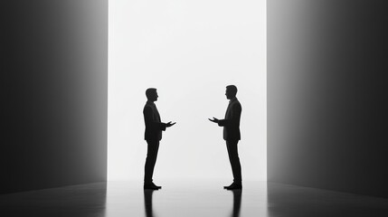 Obraz premium Two business professionals engage in discussion in a minimalist, bright corridor during a conference. Generative AI